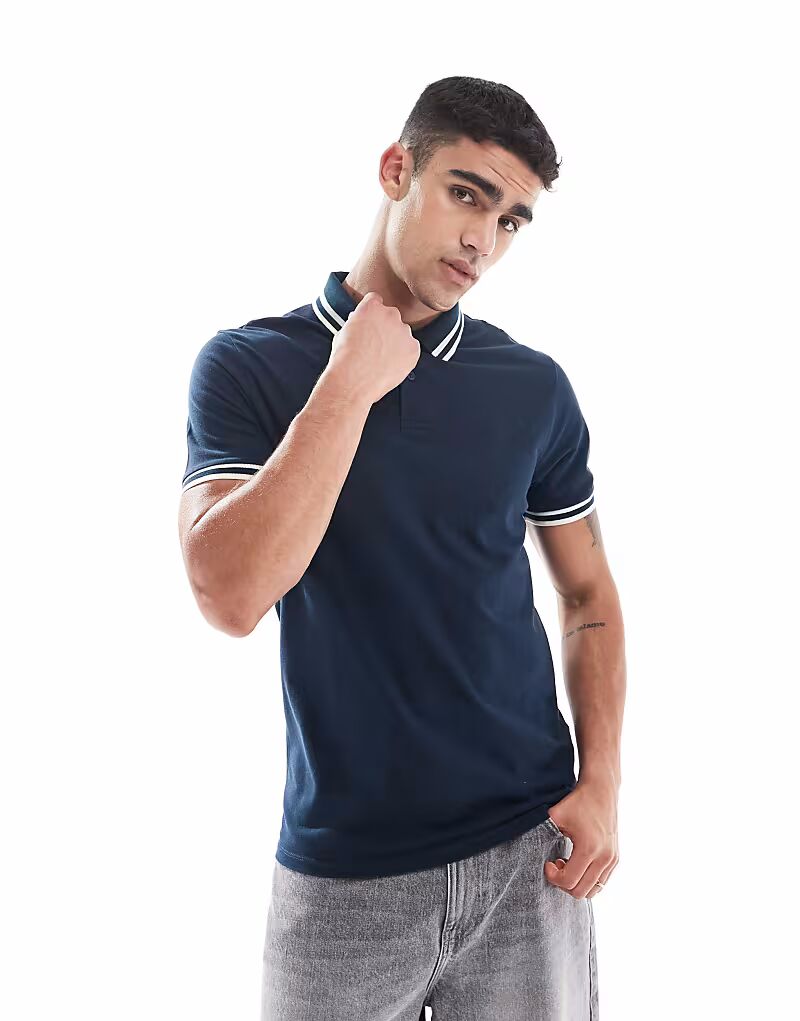 

Поло Essentials с белой окантовкой из темно-синего пике Asos Design, Синий, Поло Essentials с белой окантовкой из темно-синего пике Asos Design