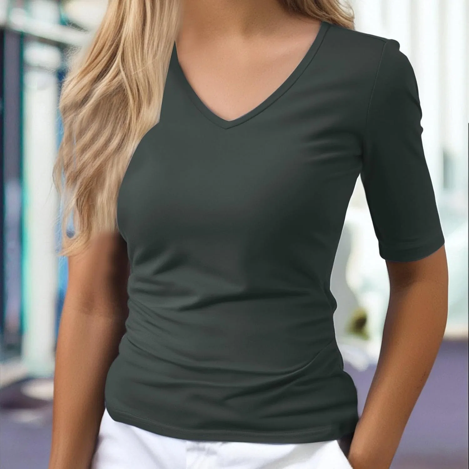 Футболка с V-образным вырезом, дышащая, женская, Dark Gray — фото 2