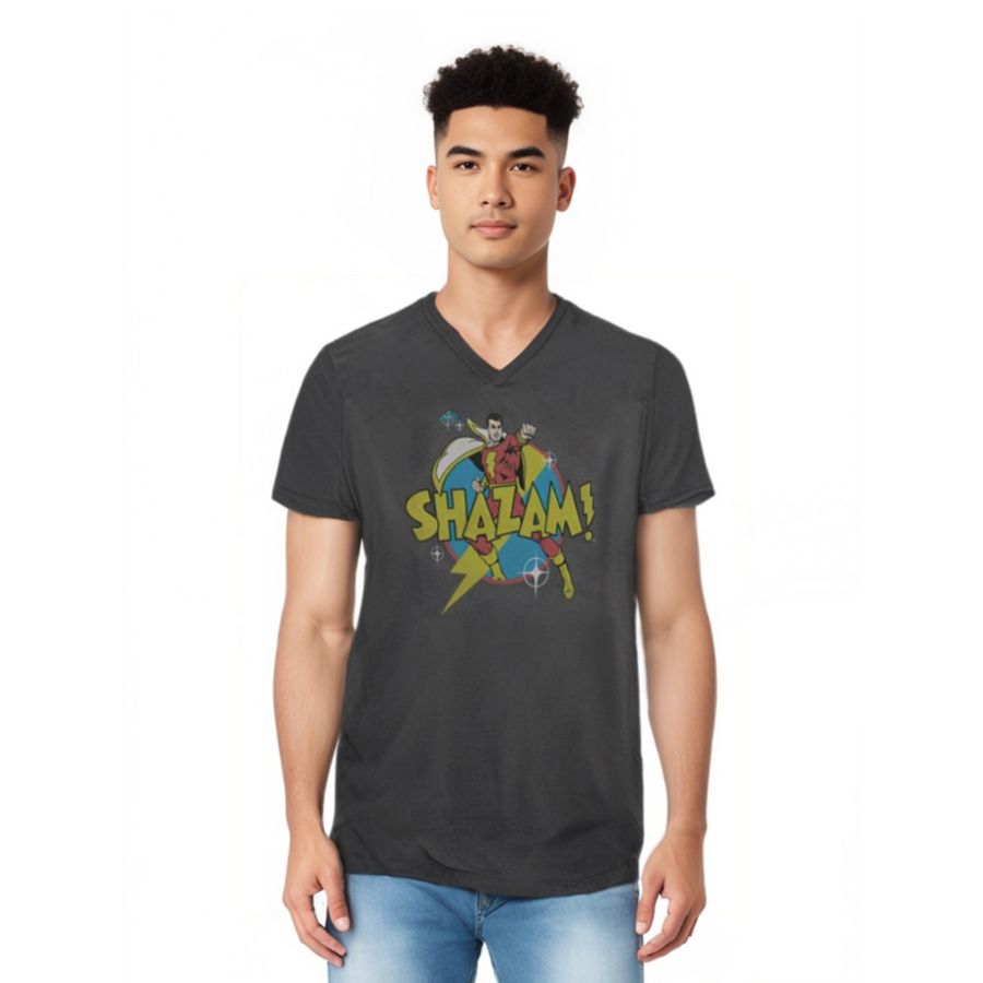 

Мужская футболка с коротким рукавом и V-образным вырезом из высококачественного хлопка с изображением персонажа Шазама из комиксов DC Comics DC Shazam, Charcoal, Черный, Мужская футболка с коротким рукавом и V-образным вырезом из высококачественного хлопк