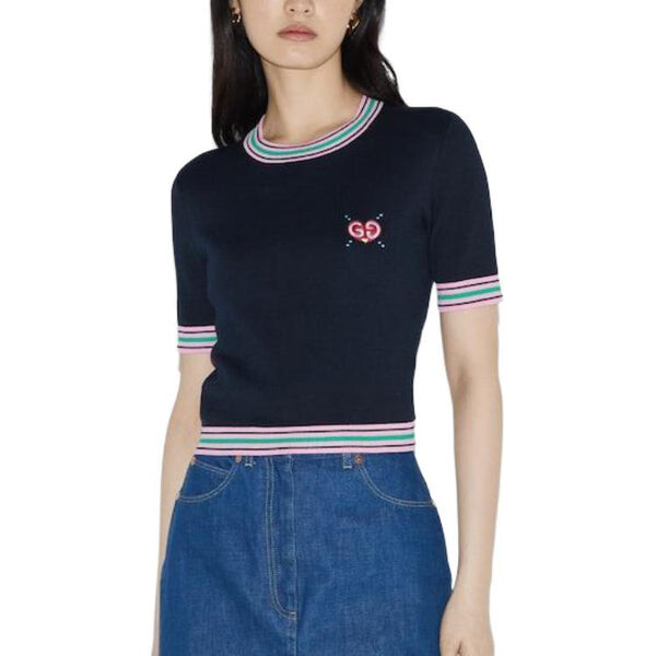 Свитер fine knit sweater with embroidery 'navy' Gucci, синий — фото 2