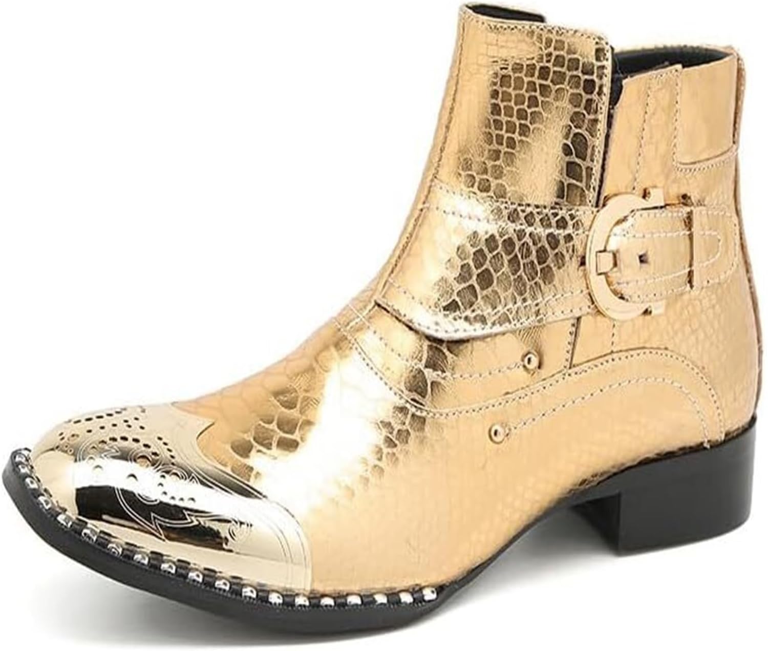 

Мужские золотистые ботинки Chelsea с внутренней молнией, металлическим округлым носком, широким каблуком, ремешком с пряжкой, премиальная натуральная кожа, стильная классика Generic