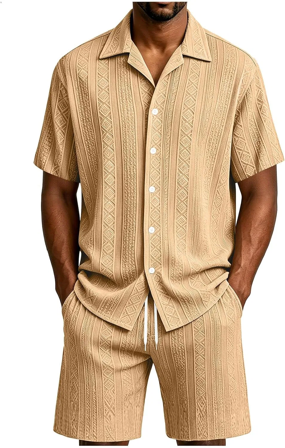 Мужской летний костюм из футболки и шорт с текстурой, Khaki — фото 4