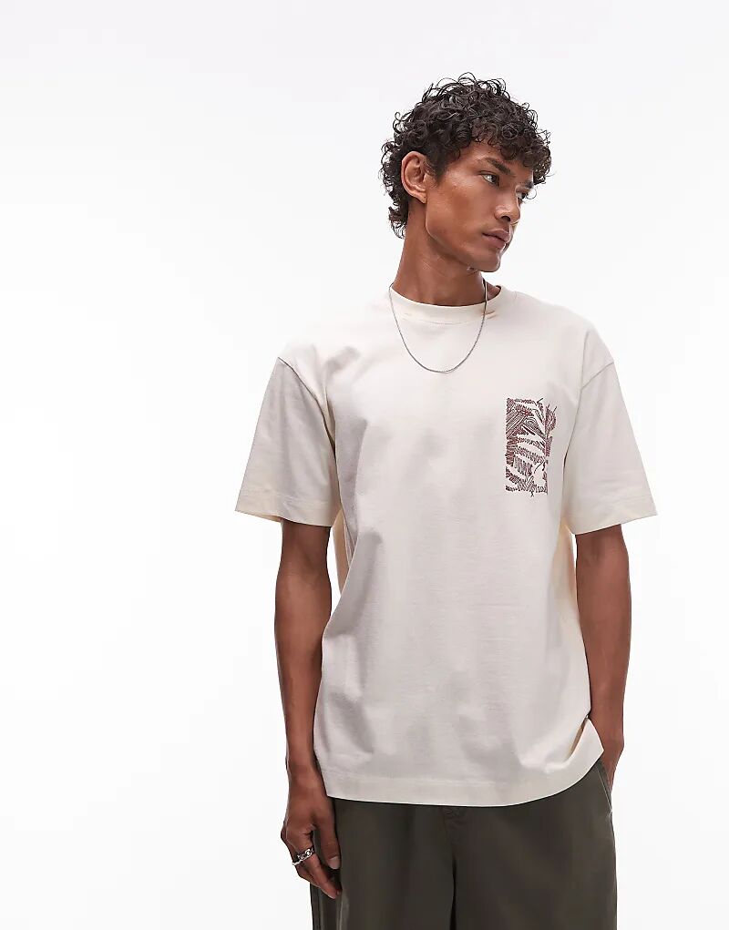 

Футболка Topman свободного кроя с вышитым цветочным рисунком цвета экрю