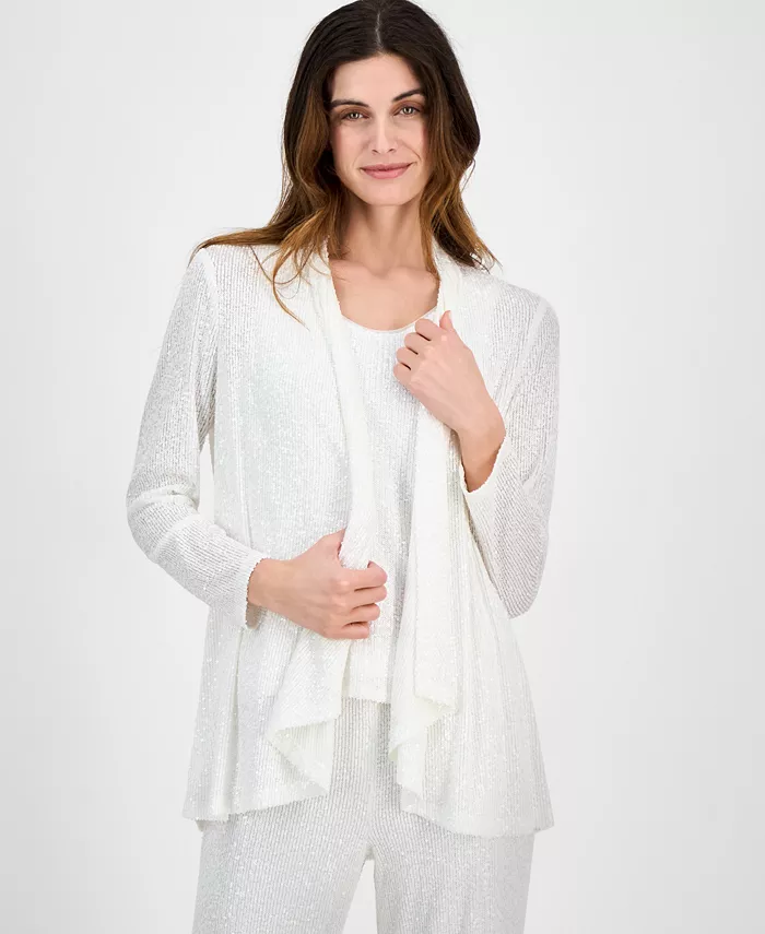 

Женский кардиган с открытым передом и пайетками, асимметричный Anne Klein, белый