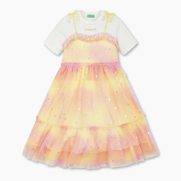 Детское платье Rainbow Flower Pop, цвета айвори, от Benetton Kids