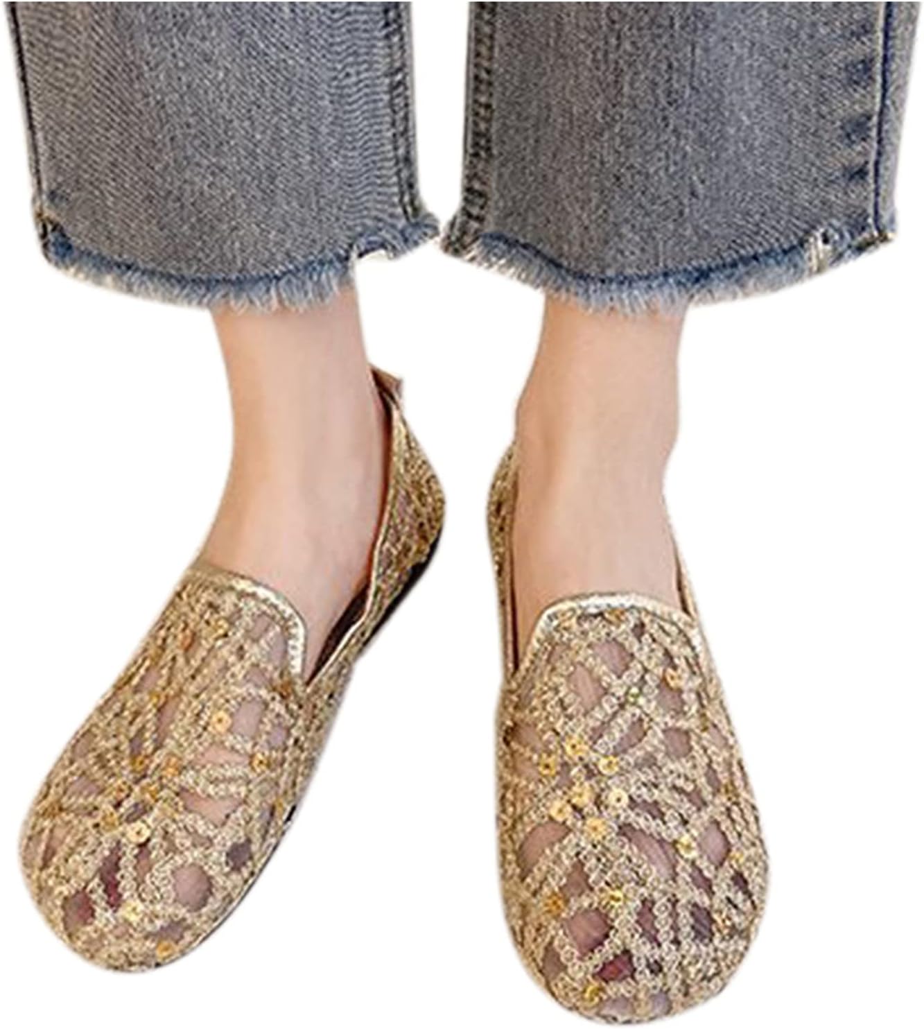 

Женские балетки Hbeylia на плоской подошве с блестками и пайетками, дышащая сетка, слипоны, обувь с округлым носком для женщин, девушек (золотой, 9.5-10)
