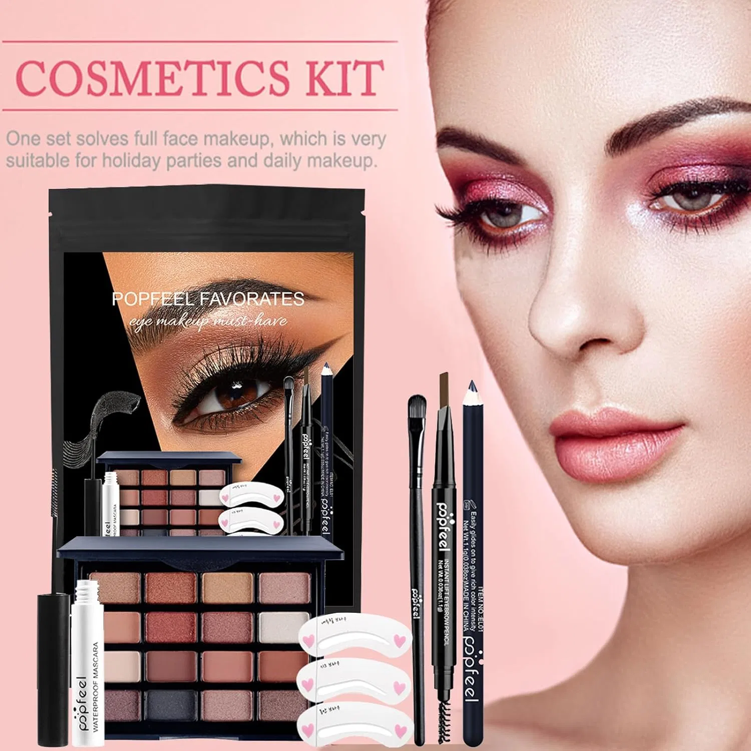 Набор для макияжа глаз, 16 теней, подводка, тушь, карандаш для бровей, без бренда, 8 предметов — фото 3