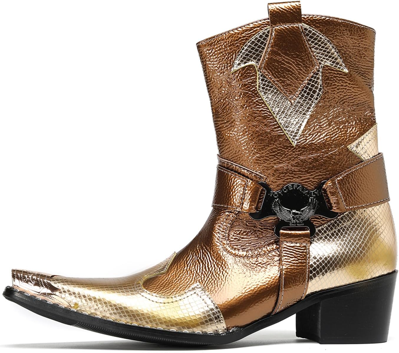 Мужские ботинки Santimon Cowboy, повседневные и нарядные, из натуральной кожи, высокие, с металлическим носком, молнией, размером, вестерн-стиль, модные, для свадьбы, певцов, баров, вечеринок, бальных мероприятий, челси-бутсы, золотой — фото 2
