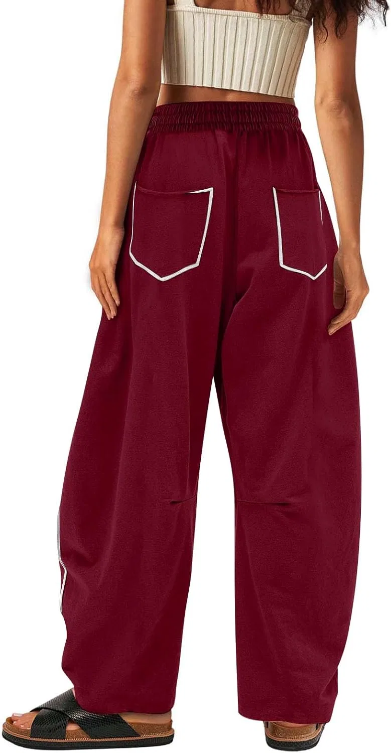 Женские спортивные брюки Barrel Sweatpants свободного кроя с завязками на талии, широкими штанинами, в полоску, с лоскутным узором, повседневные, для отдыха, с карманами — фото 2