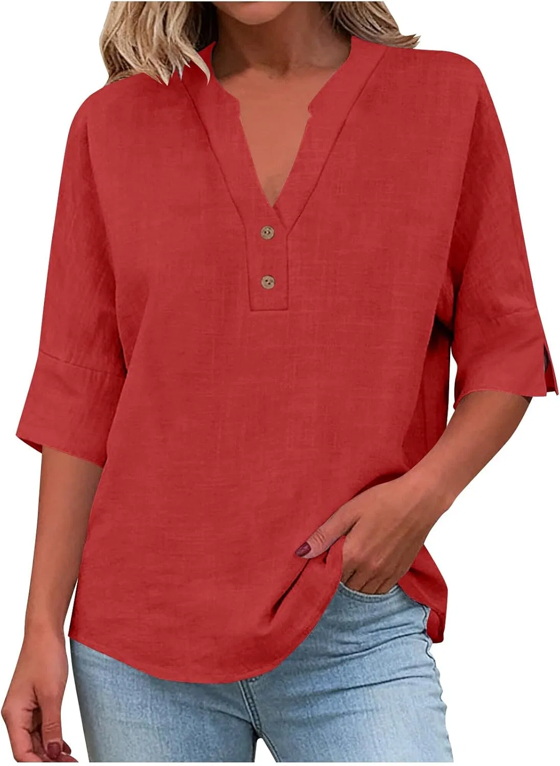 Женская блуза с V-образным вырезом, Cotton Linen, красный