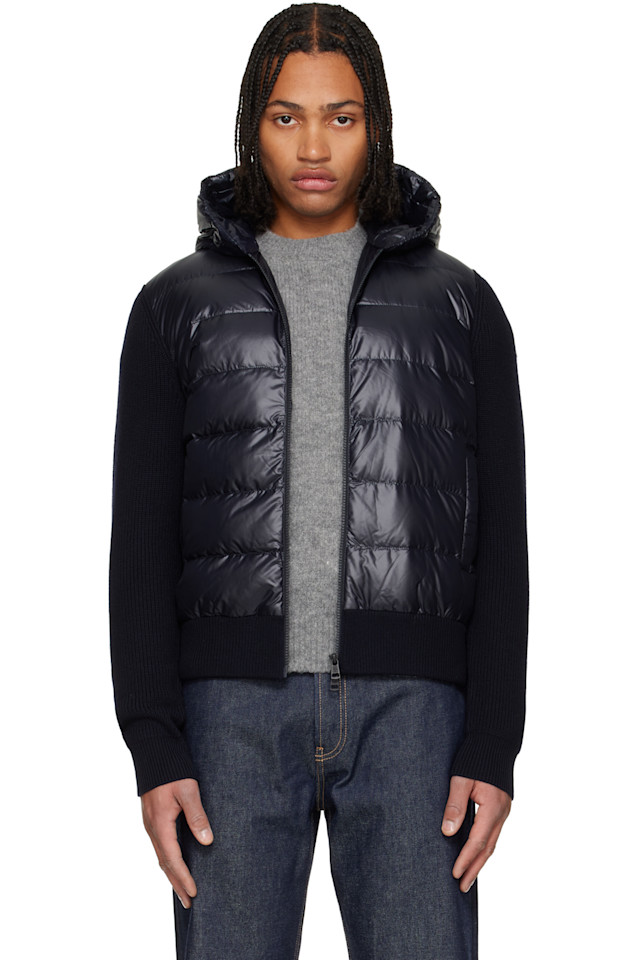 

Moncler Пуховая куртка из стеганой шерсти темно-синего цвета на молнии