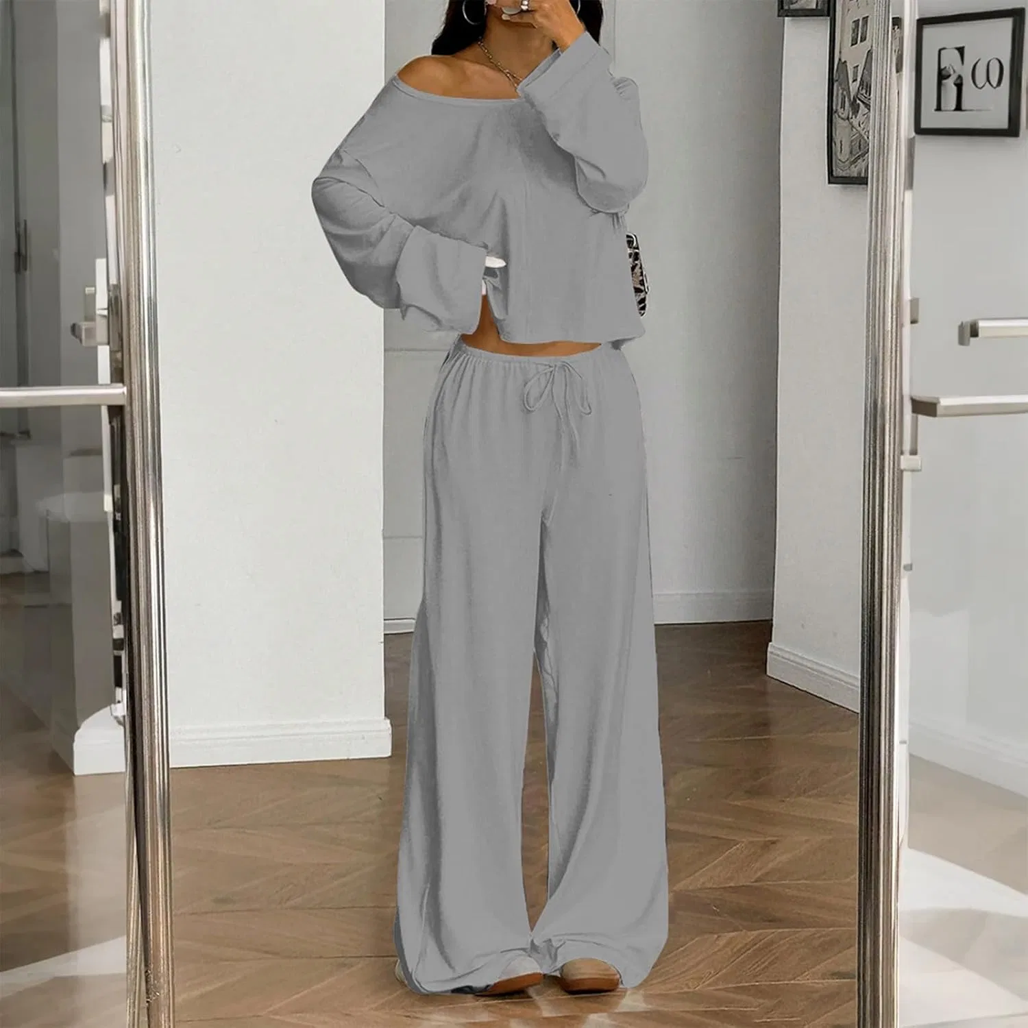 Женский спортивный костюм из толстовки и широких брюк, Light Gray — фото 4