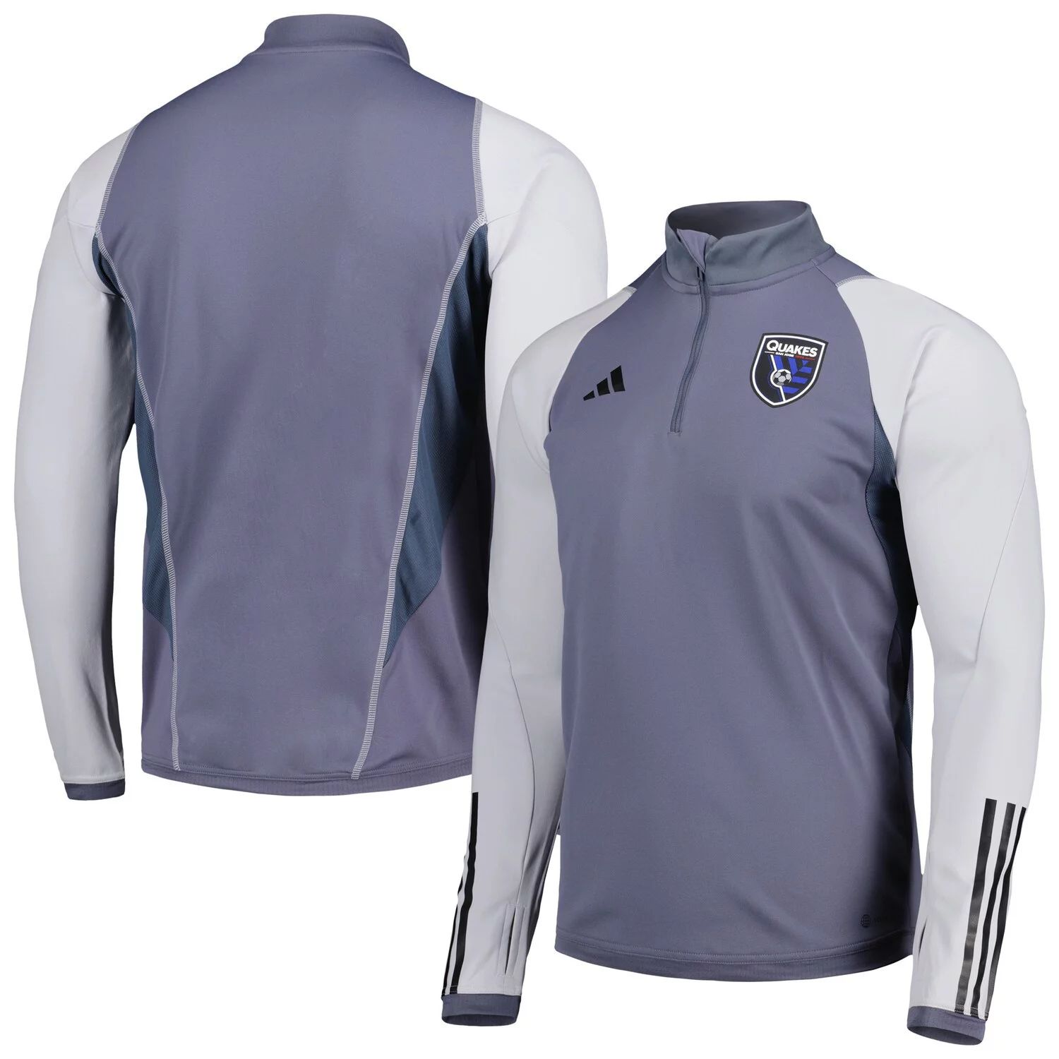 

Мужская серая тренировочная футболка на молнии San Jose Earthquakes 2023 AEROREADY adidas, Серый, Мужская серая тренировочная футболка на молнии San Jose Earthquakes 2023 AEROREADY adidas