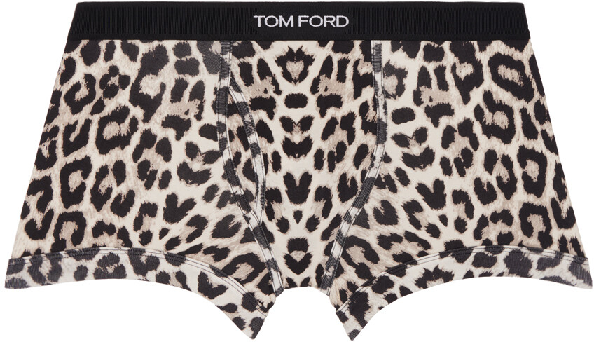 

Бежевые и черные хлопковые трусы-боксеры с принтом снежного леопарда TOM FORD