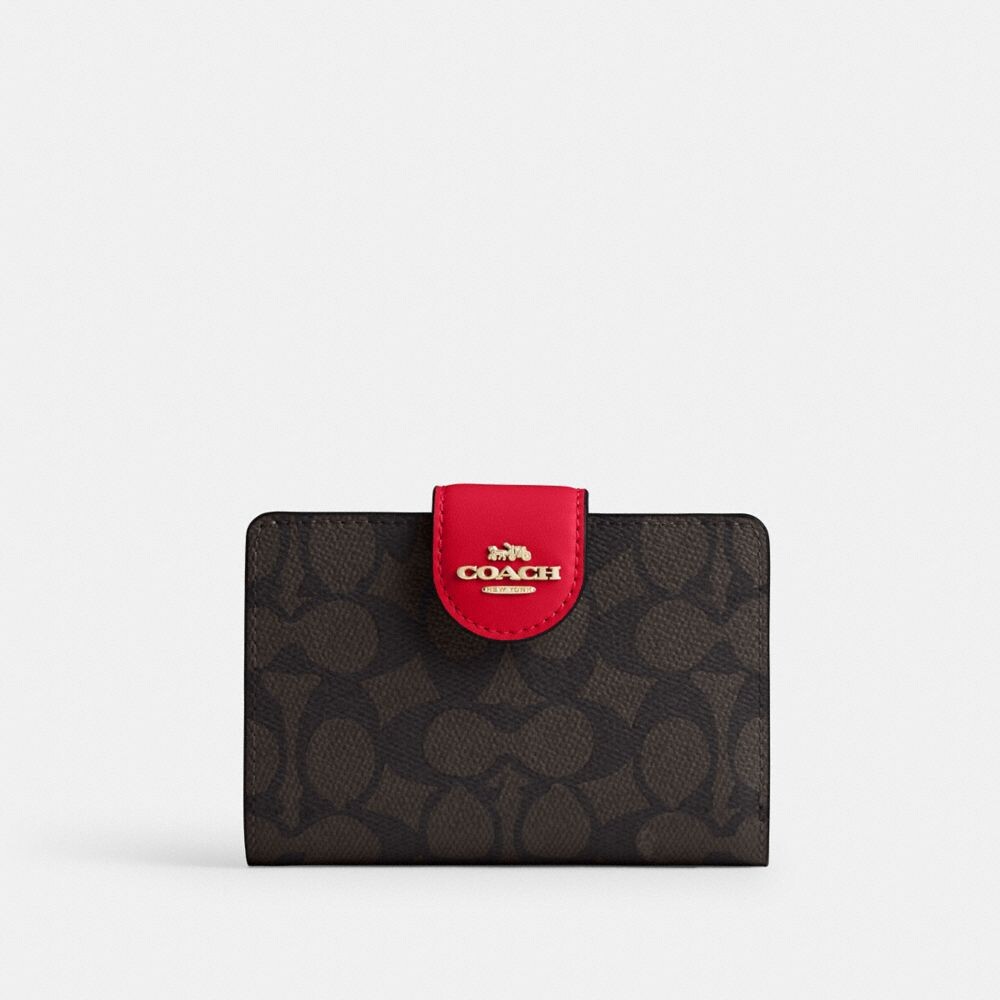 

Средний кошелек с угловой молнией COACH, цвет gold/walnut/bold red