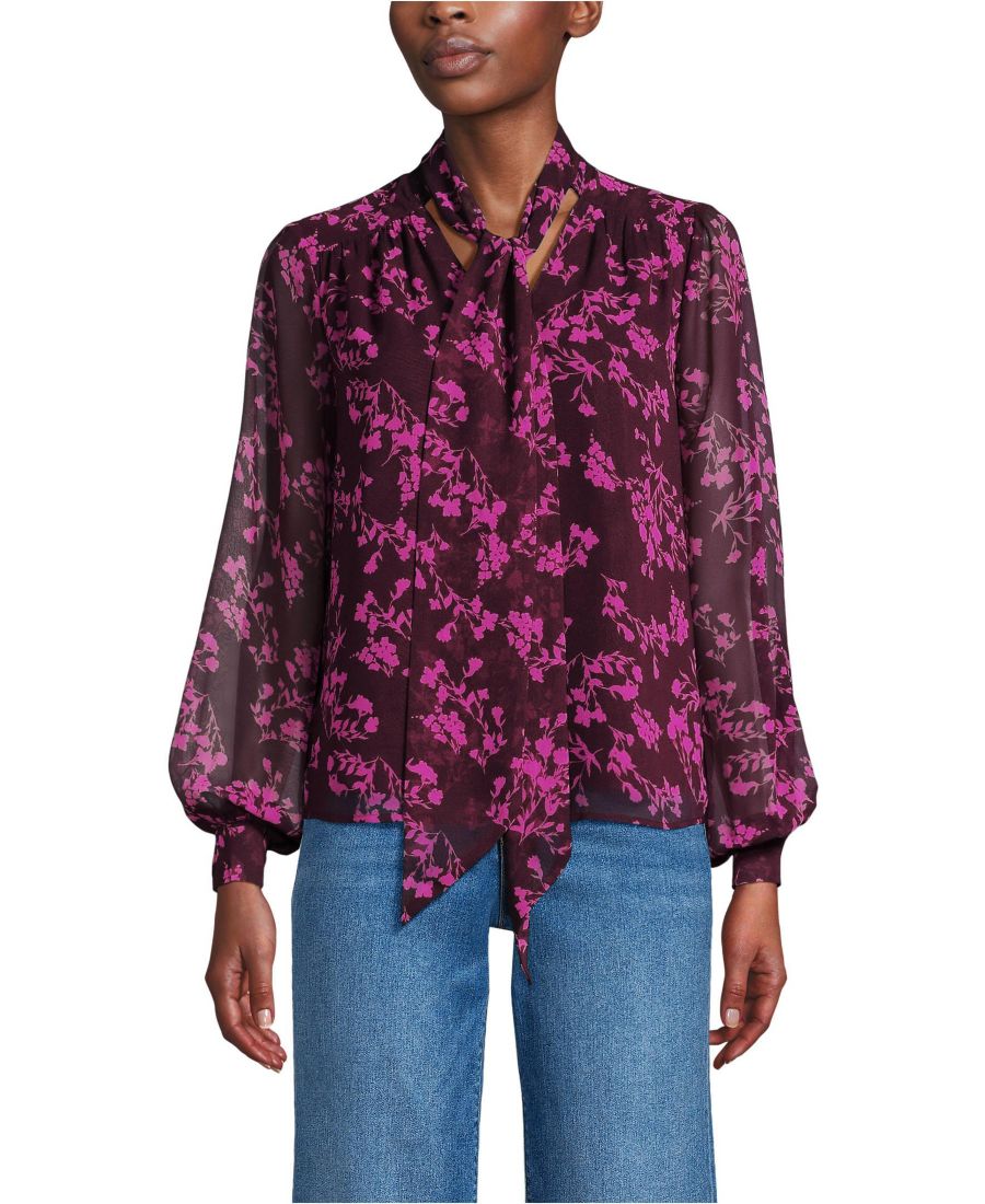 

Женская шифоновая блузка со съемным воротником на завязках Lands' End, Lush burgundy wildflowers