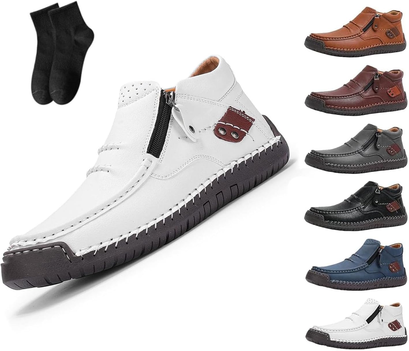 

Кожаные туфли, мужские ручной работы премиальные кожаные ботинки-слипоны для вождения - широкий носок, поддержка свода стопы, мужские ботинки, мужские ортопедические ботинки на боковой молнии для вождения Noworfewer, белый