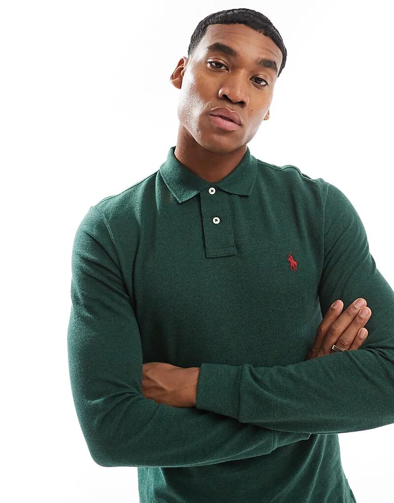 

Поло из пике с логотипом icon slim fit с длинными рукавами темно-зеленого меланжевого цвета Polo Ralph Lauren