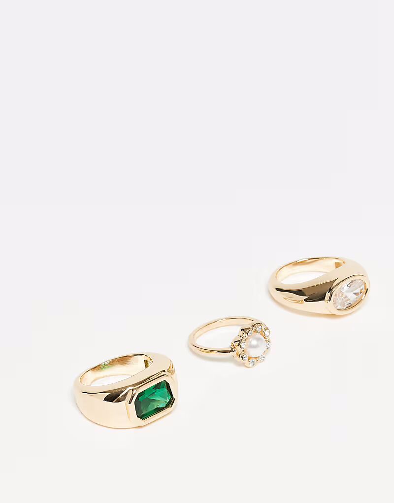 

Набор из 3 колец-унисекс с искусственным зеленым камнем в золоте Reclaimed Vintage