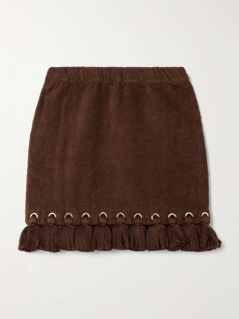 

Мини-Юбка из хлопкового махрового трикотажа с кисточками и люверсами Cap D'Antibes, коричневый