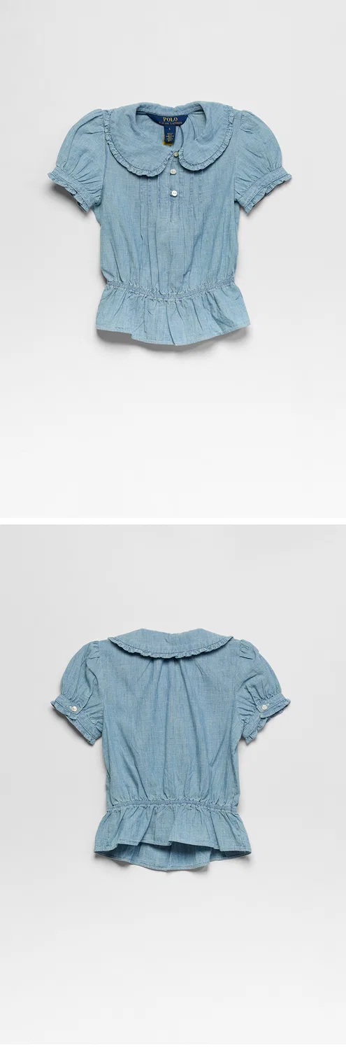 Женская блузка-рубашка Chambray с рюшами синего цвета от Polo Ralph Lauren Children — фото 3