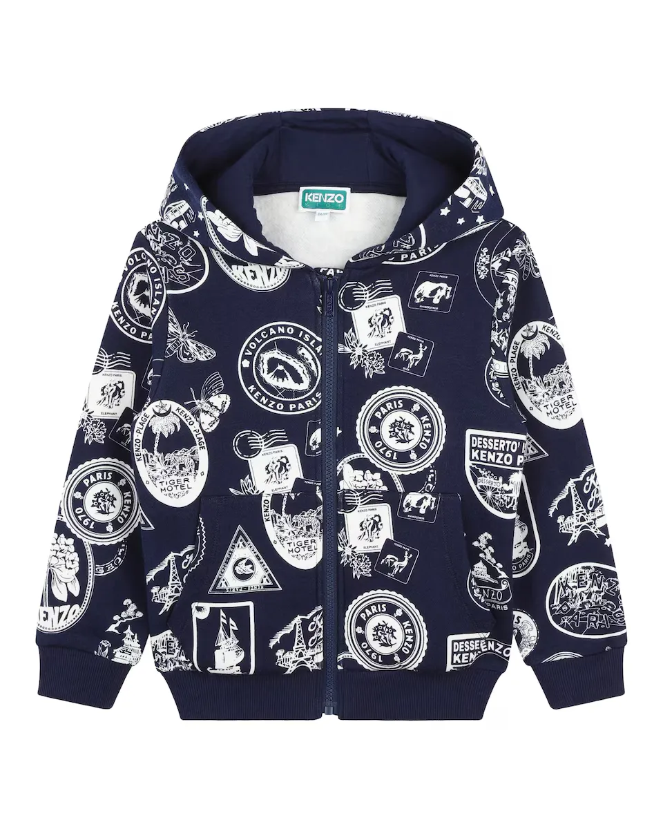 

Детская толстовка с капюшоном и молнией с принтом Kenzo Kids, темно-синий
