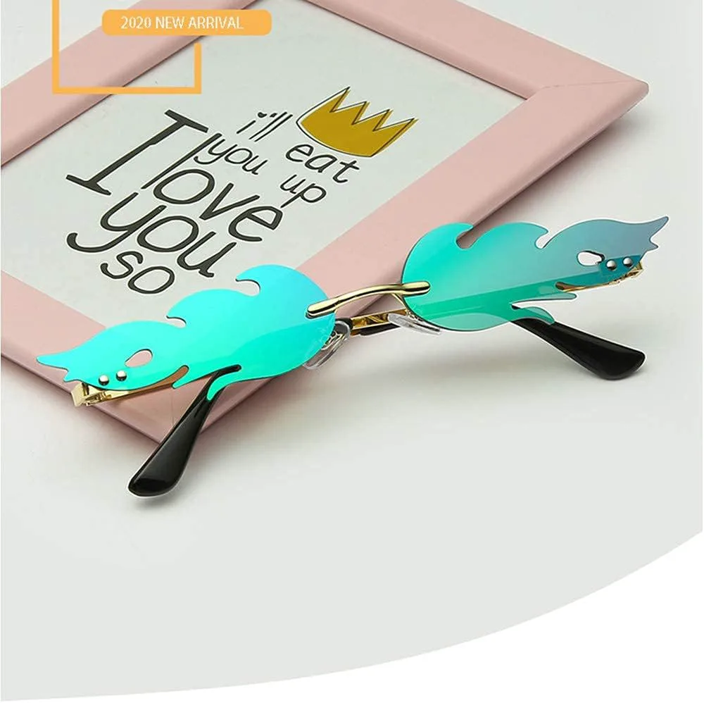 

Солнцезащитные очки LASPOR Fire Flame для женщин и мужчин, ретро-очки без оправы в форме волны, винтажные очки в форме огня, золотистая металлическая оправа, Green