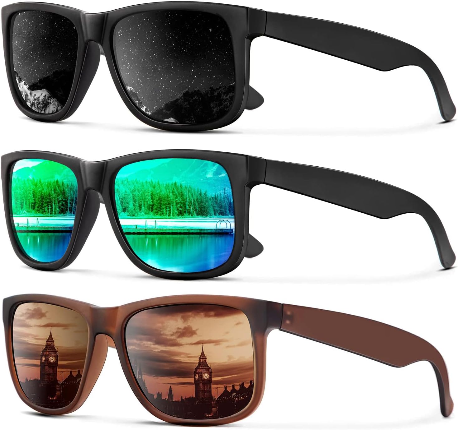 

Солнцезащитные очки KALIYADI для мужчин и женщин, поляризованные, классическая матовая черная оправа, защита от УФ-излучения, комплект из 3 штук, (3 Pack) Black/Green/Brown