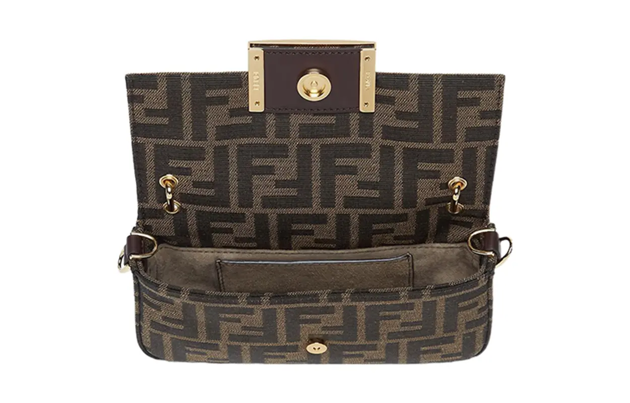 FENDI Багет из хлопка с коровьей кожей портативная черезплечная сумка для телефона обычная женская коричневая — фото 3