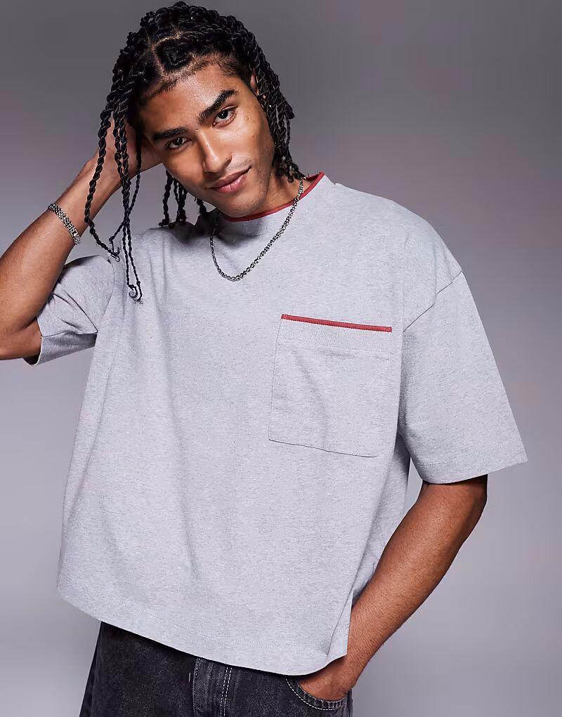 

Футболка свободного кроя ASOS DESIGN из серой меланжевой ткани плотностью 240 г/м² с контрастной строчкой