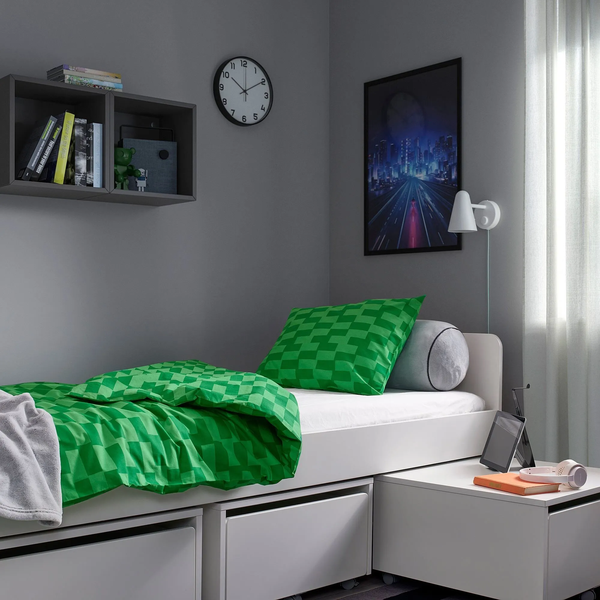 Основание односпальной кровати, белое, 90х200 см, с 3 ящиками SLÄKT/LURÖY IKEA — фото 3