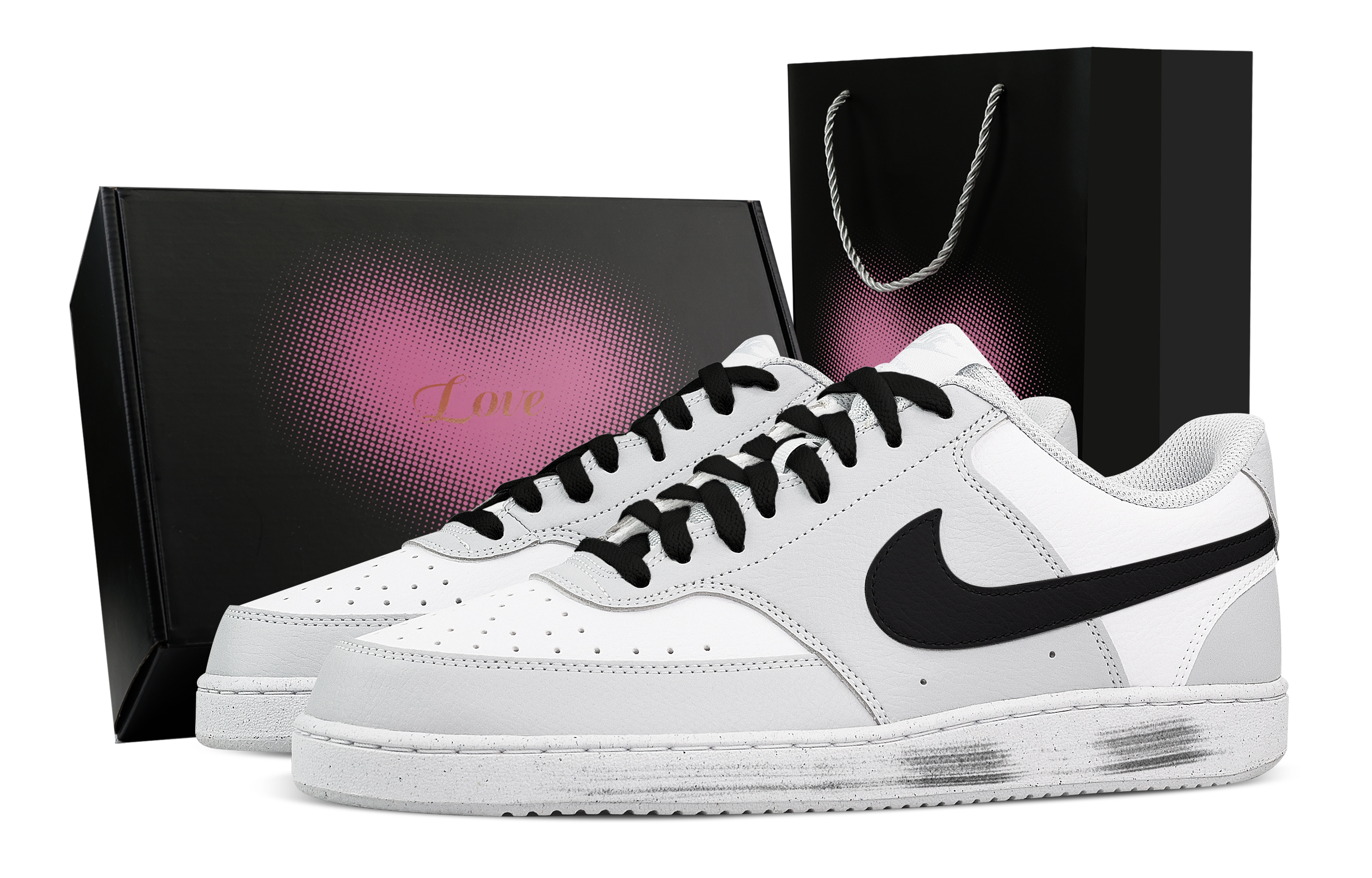 

Nike Кроссовки Court Vision Black Paper Box Heart Box, износостойкие, низкие, для скейтбординга, мужские, черные, белые, серые