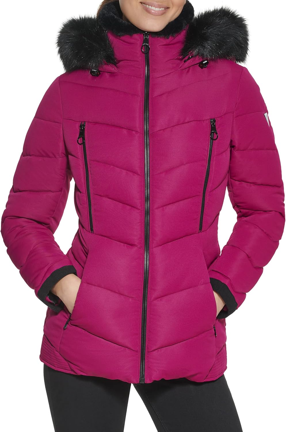 

GUESS женская утепленная куртка Midweight Puffer, Hooded Magenta
