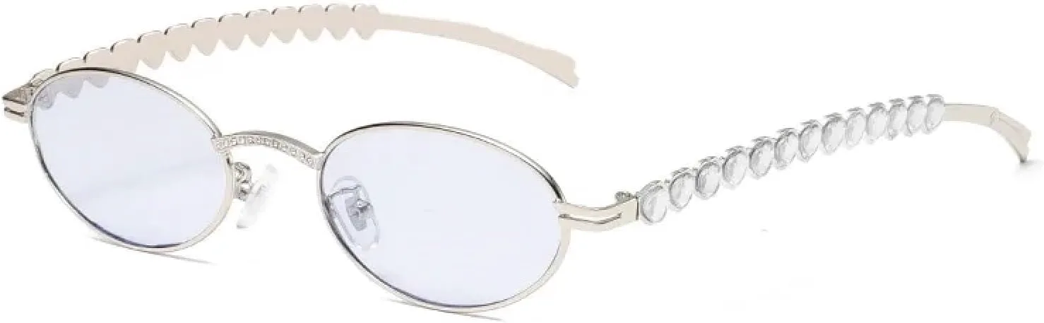 

Модные солнцезащитные очки для женщин и мужчин, серебристые овальные, с защитой от синего света, с маленькими стразами, металлическая оправа TYUVIVO, Silvery White