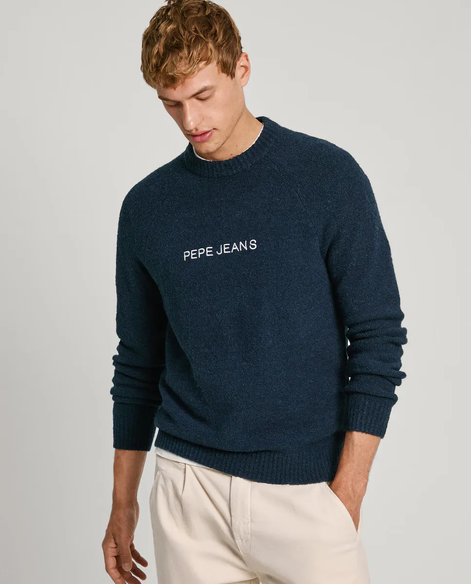 

Мужской свитер с круглым вырезом и вышитым логотипом Pepe Jeans, темно-синий