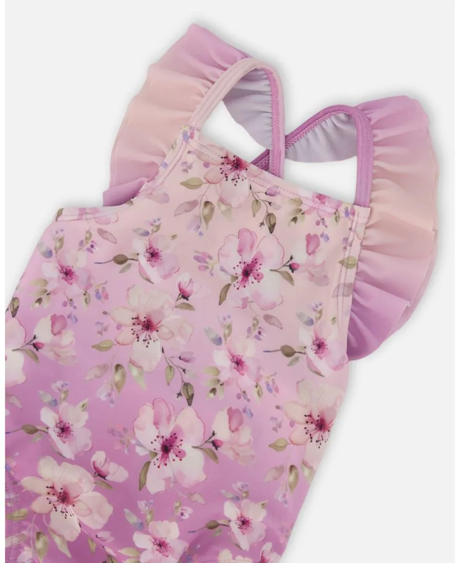 Слитный купальник для девочек с цветочным принтом Deux par Deux, фиолетовый flower print — фото 3