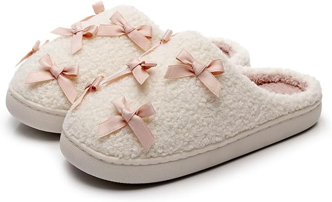 

Домашние тапочки с бантом для женщин и мужчин, домашняя обувь с эффектом памяти, плюшевые, для спальни и улицы Generic, белый