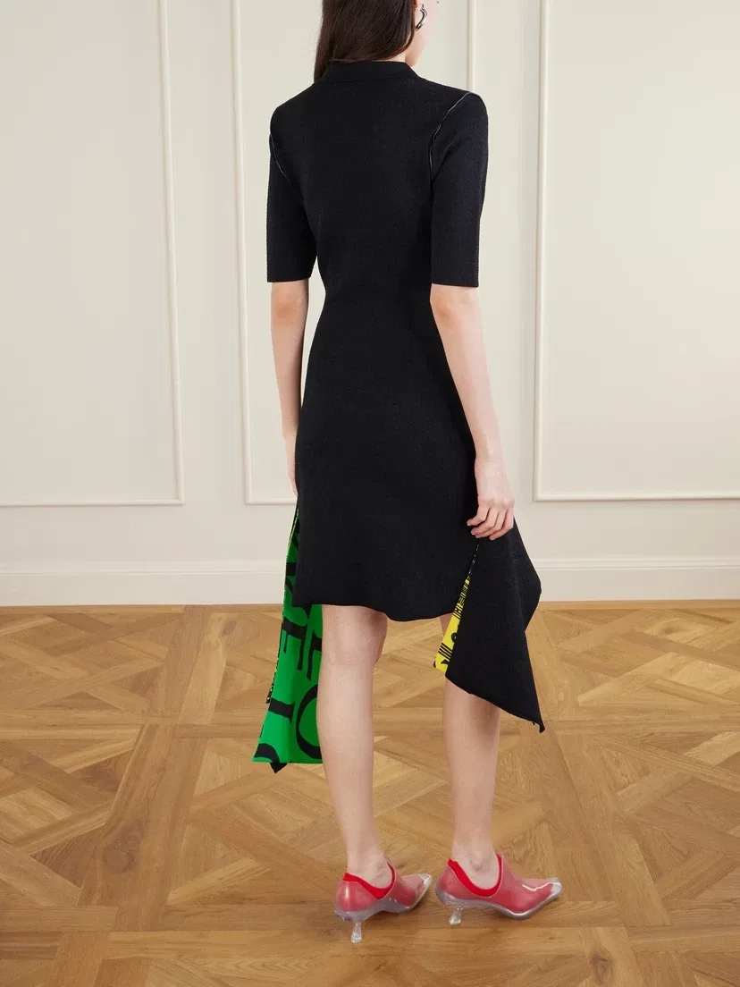Асимметричное многослойное трикотажное миди-платье с принтом LOEWE, черный — фото 3