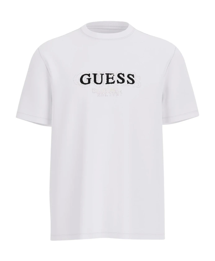 

Белая футболка с логотипом, хлопковая, однотонная. Guess, белый