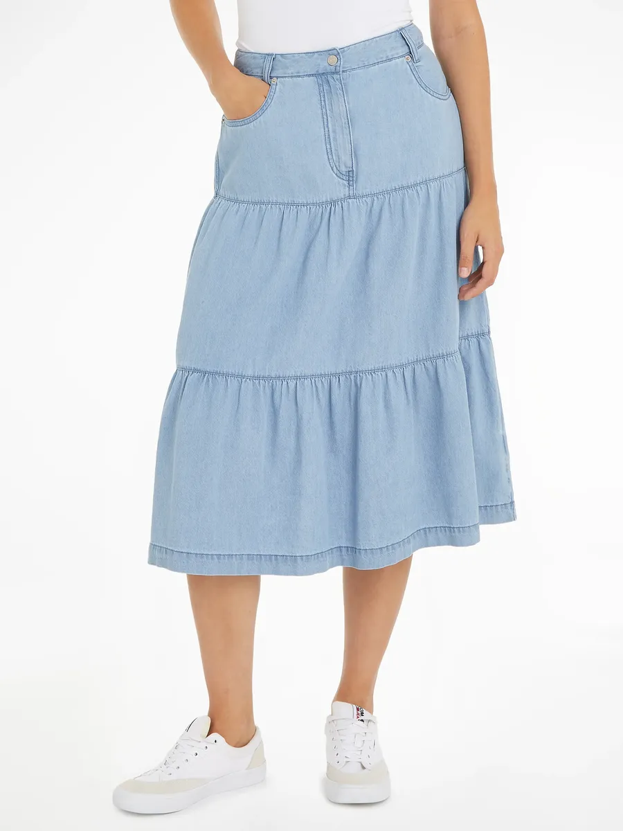 

Джинсовая юбка Tommy Jeans "TJW CHAMBRAY TIERED MIDI SKIRT", тканая юбка с фирменным лейблом Tommy Jeans, джинсовый