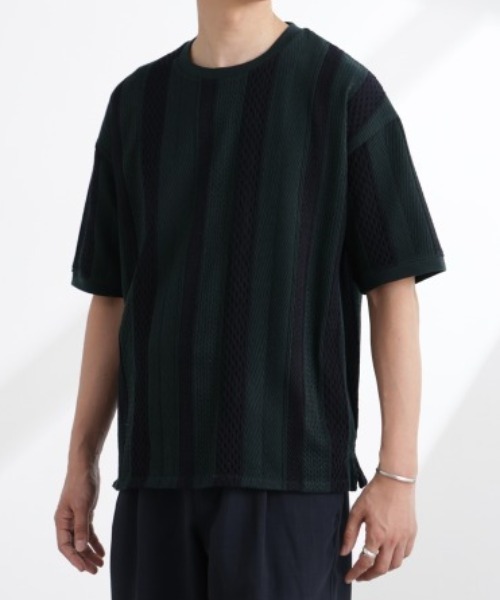 

Футболка с короткими рукавами, жаккардовая, полосатая NANO universe, зеленый