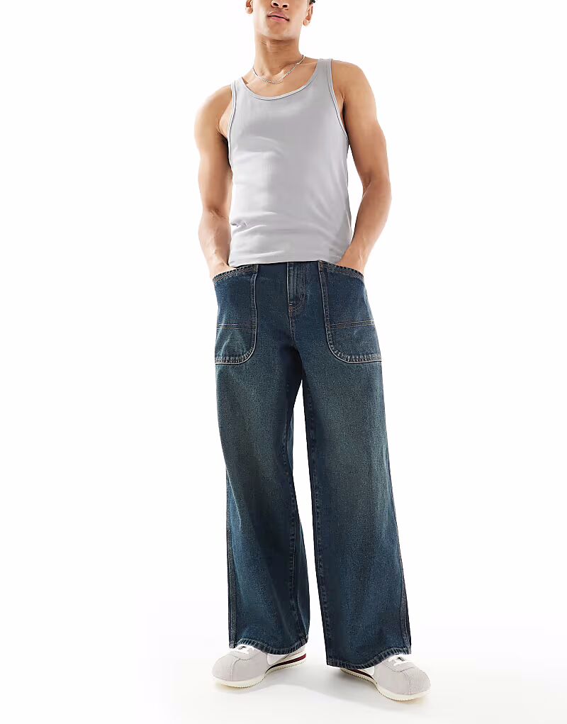 

Джинсы свободного кроя с зеленым оттенком темно-синего цвета Asos Design