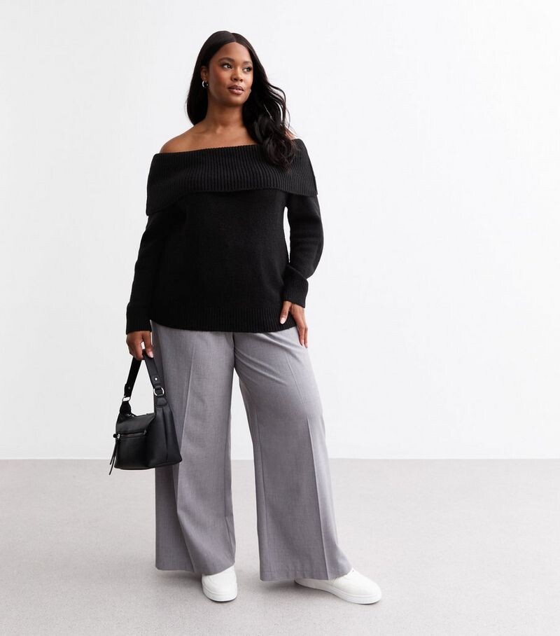 

Черный вязаный джемпер с открытыми плечами Curves New Look, черный