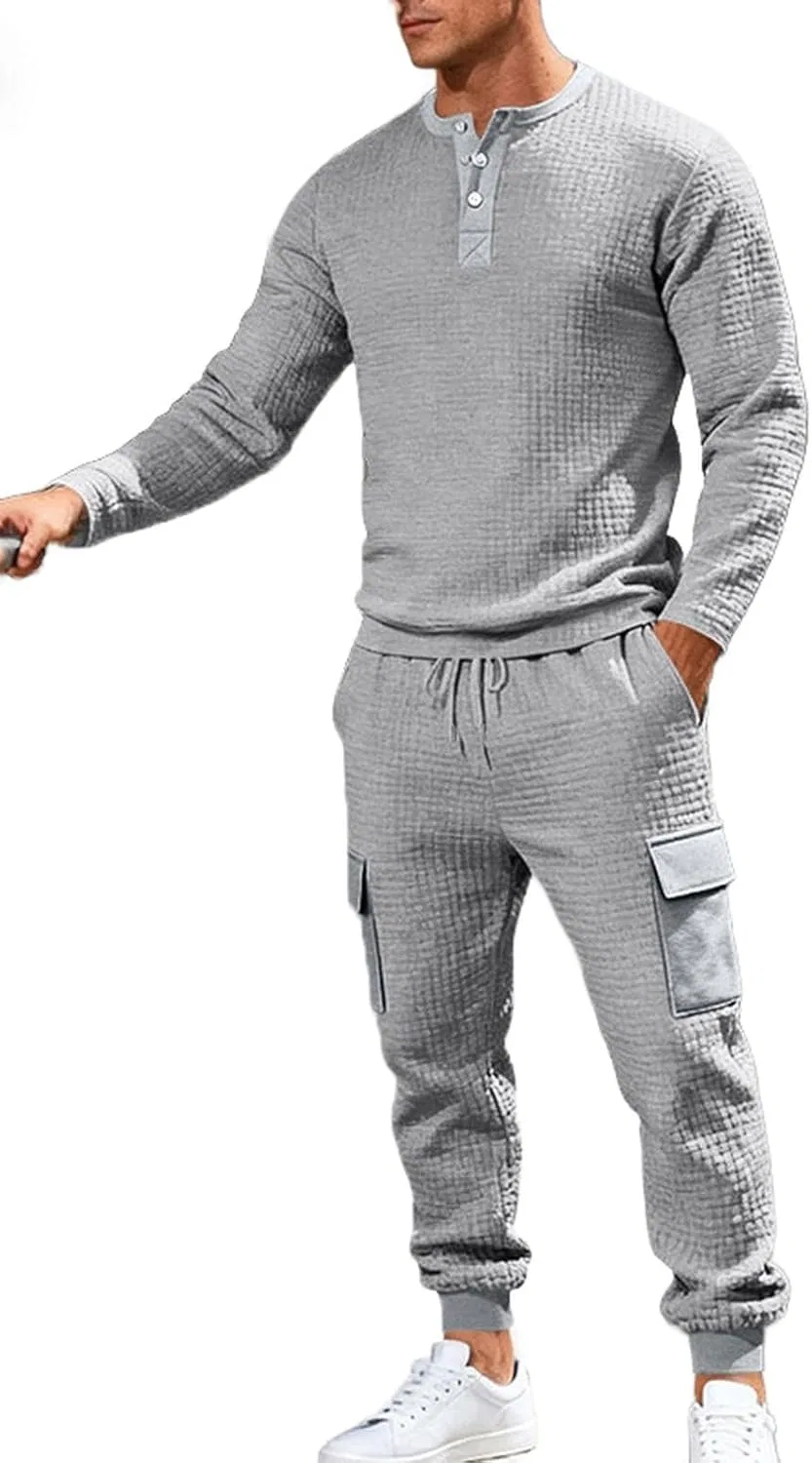 Джоггер-костюм для мужчин Waffle Casual Workwear комплект свитшот с пуговицами Henley и карго-штаны Generic, 41