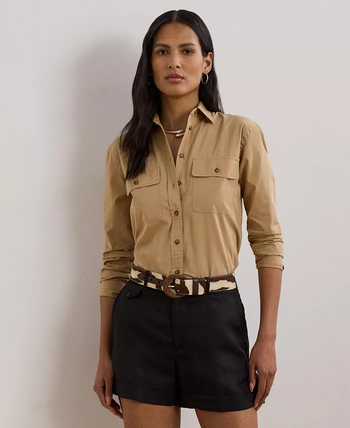 

Женская хлопковая рубашка свободного кроя Featherweight Lauren Ralph Lauren, коричневый/бежевый