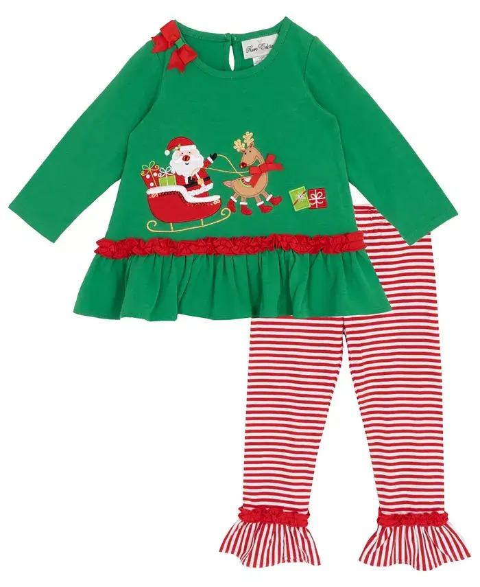 

Детский комплект для девочек 2T-4T: топ с аппликацией Санта и санями и полосатые леггинсы Rare Editions, зеленый