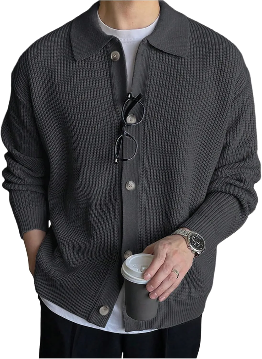 

GORGLITTER мужской легкий кардиган оверсайз с воротником на пуговицах