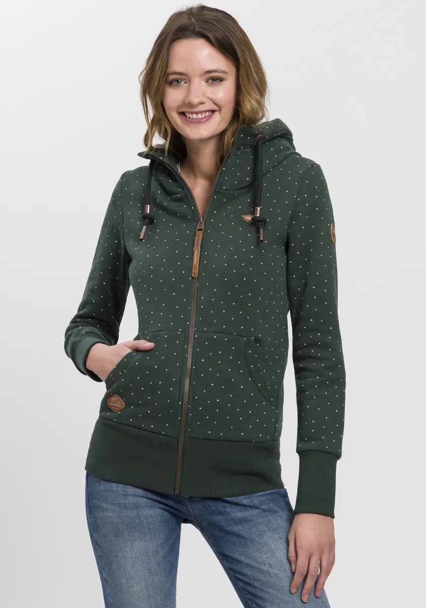 

Толстовка с капюшоном в стиле Ragwear "NESKA DOTS MULTICOLOR ZIP O", куртка с длинными рукавами и разноцветным принтом в горошек по всей поверхности, зеленый