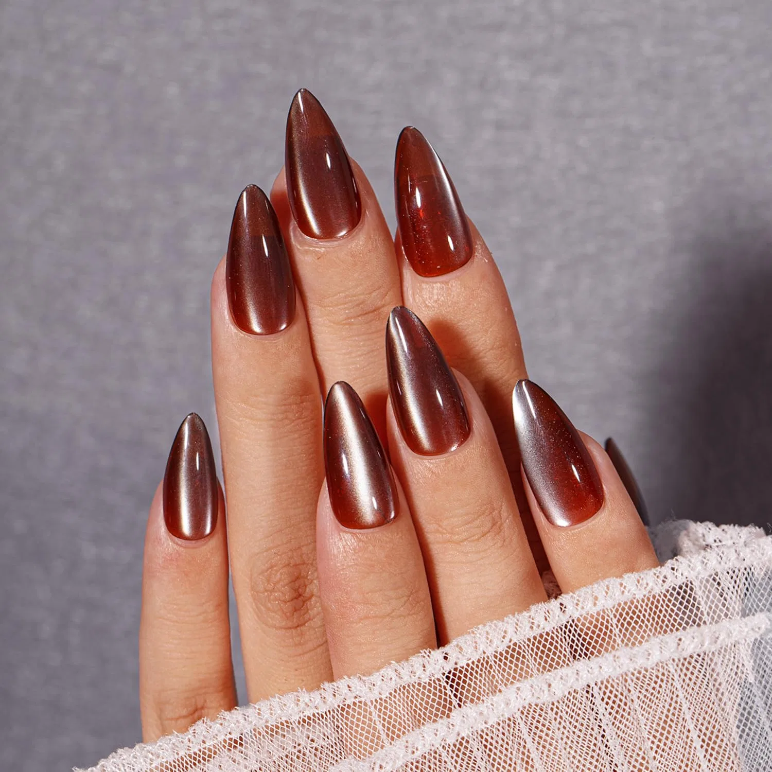 Накладные ногти KQueenest Soft Gel Cat Eye с клеем, коричневые Kqueenest, Glittery Brown — фото 2