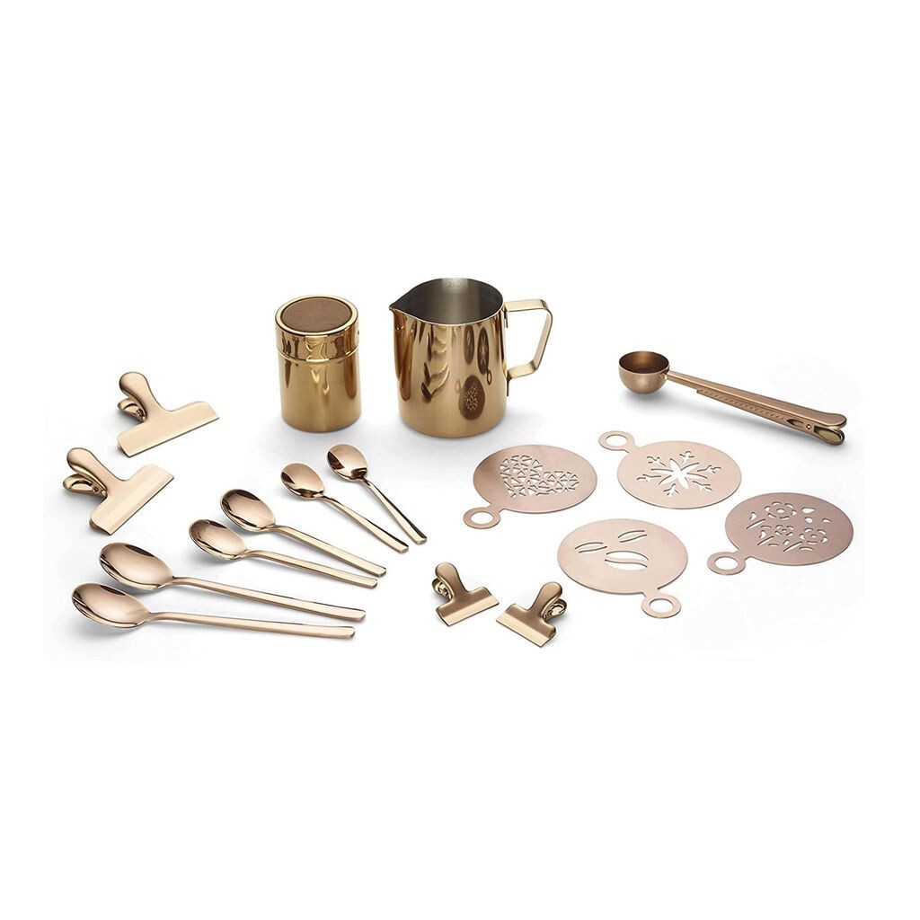 

Набор кофейных принадлежностей Echtwerk, 23 предмета, кувшин для молочной пены 600 мл, шейкер для какао, 4 эспрессо, 4 капучино, 4 ложки для латте макиато, 4 зажима для кофе, 4 трафарета для кофе, мерные ложки для кофе, медь